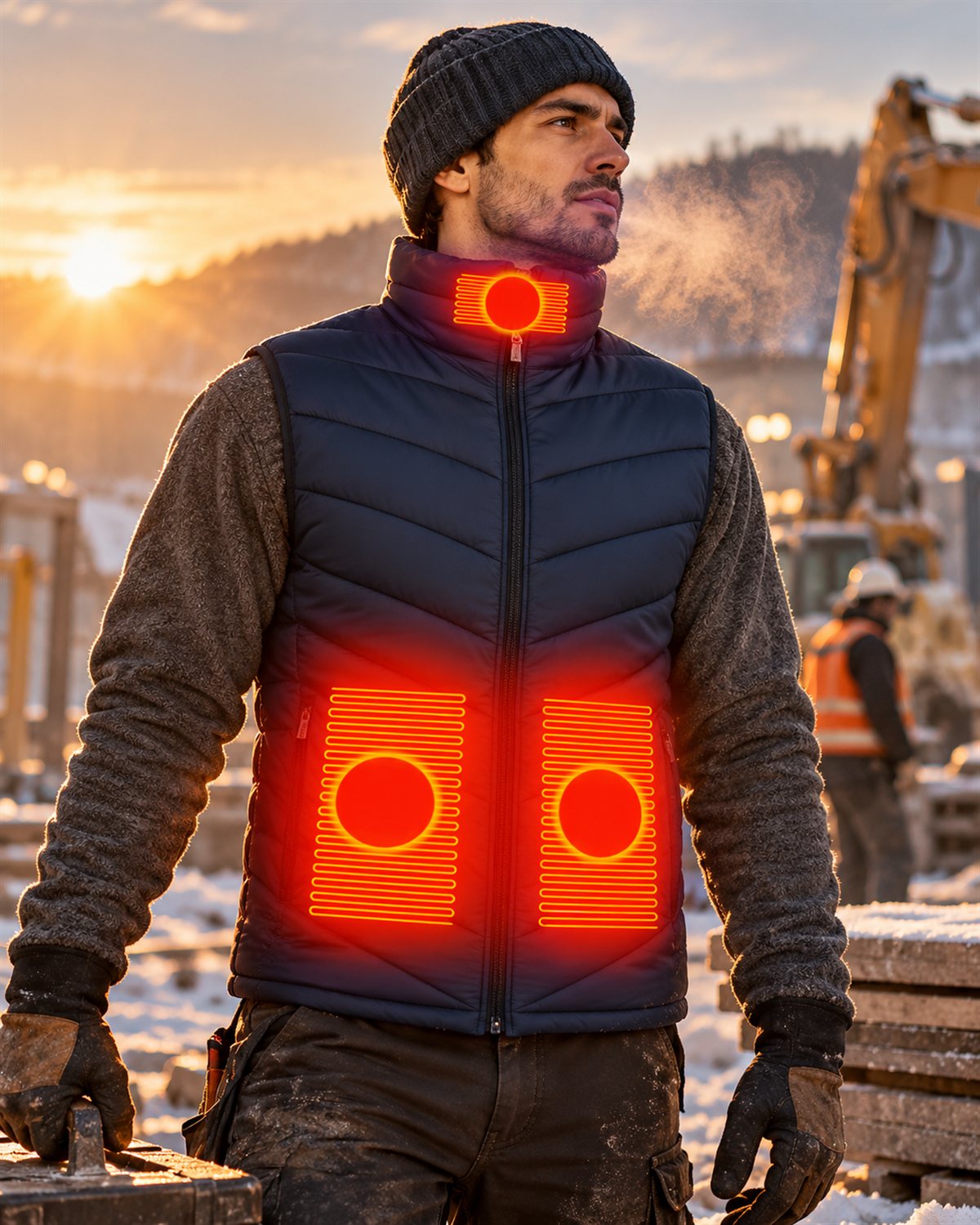 Worker wearing the heated vest on a cold morning